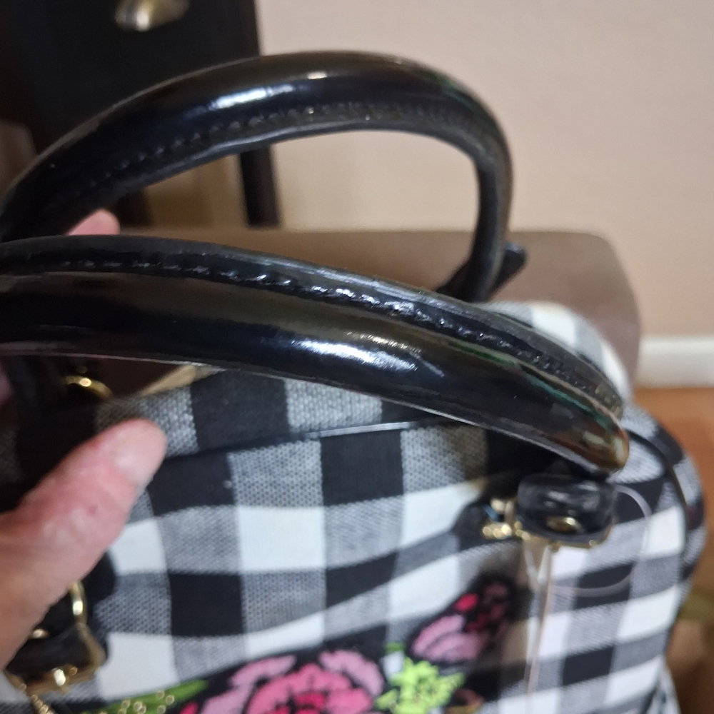 Brand New Betseyville Black & White Gingham Satchel with Pink Floral Embroidery - Picture 6 of 6